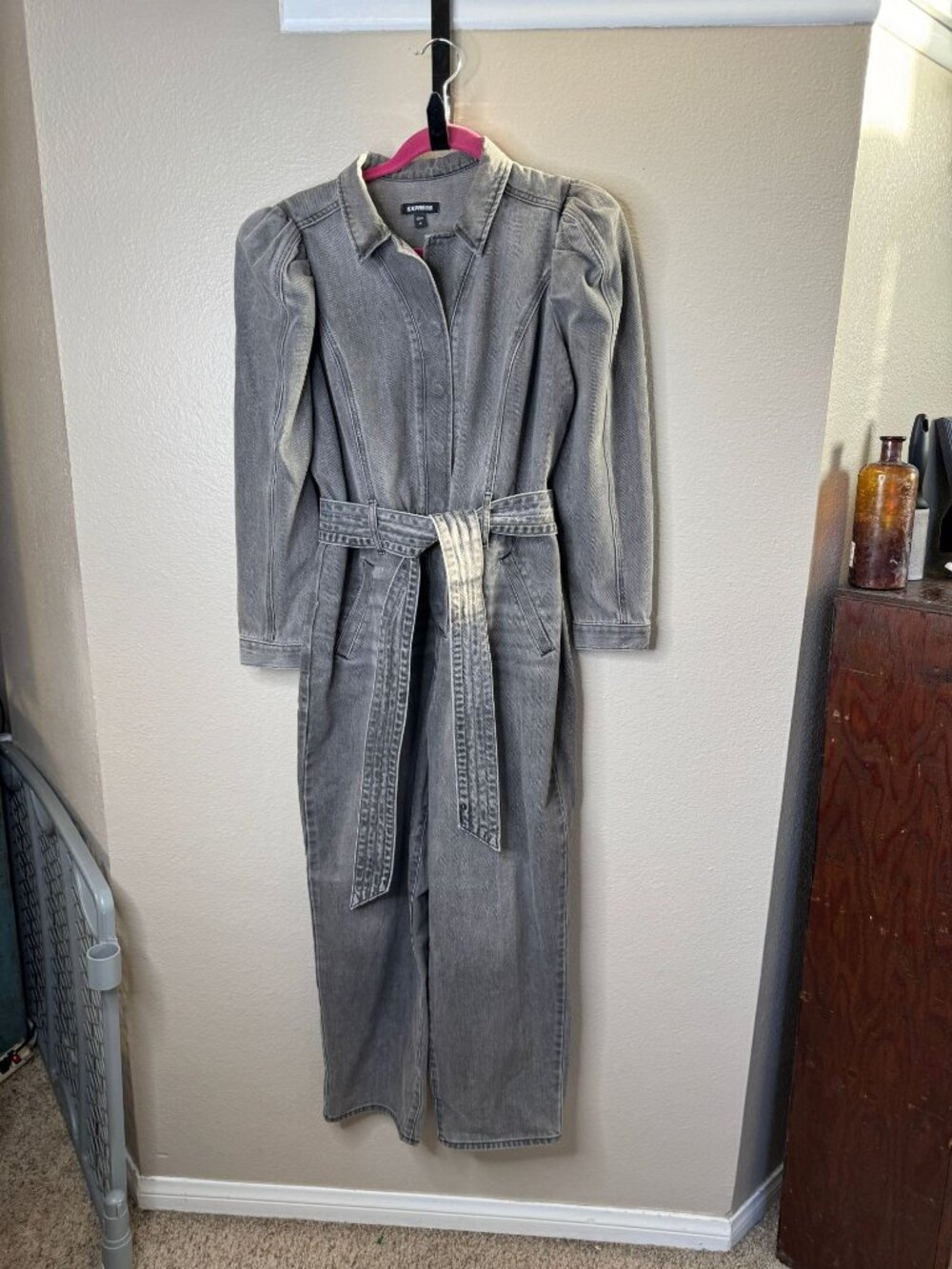 Express Womens Gray Denim Jumpsuit Size 12 Long Sleeve Collared Button-Up Belted
